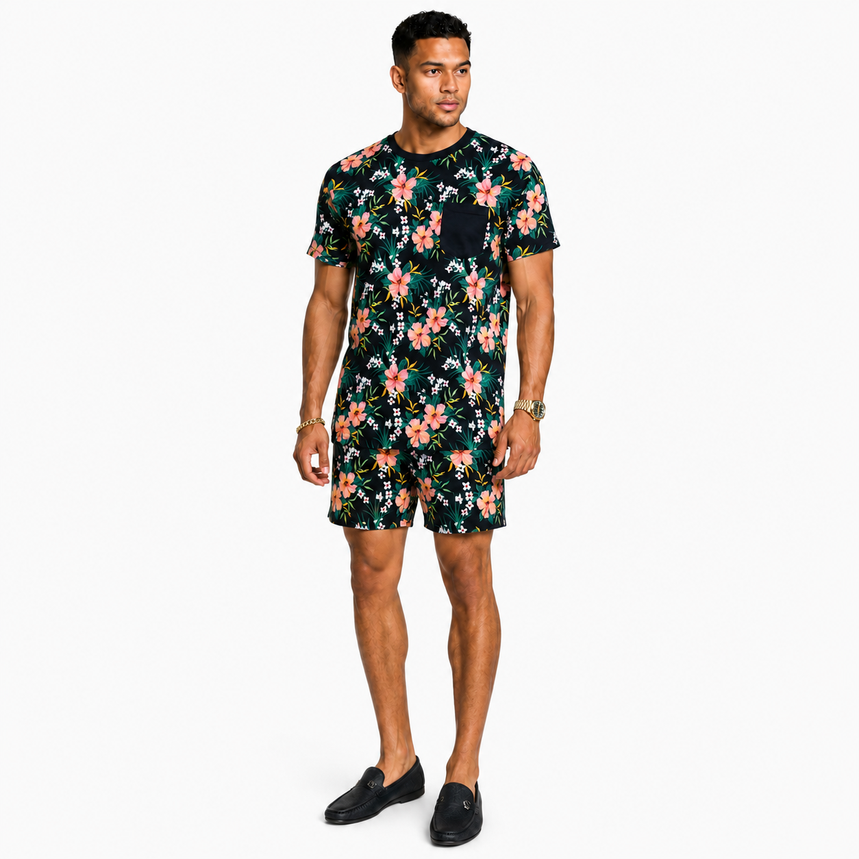 Divided Men’s Tropical Floral Pocket T-Shirt – Bold in Bloom, Size Large.
