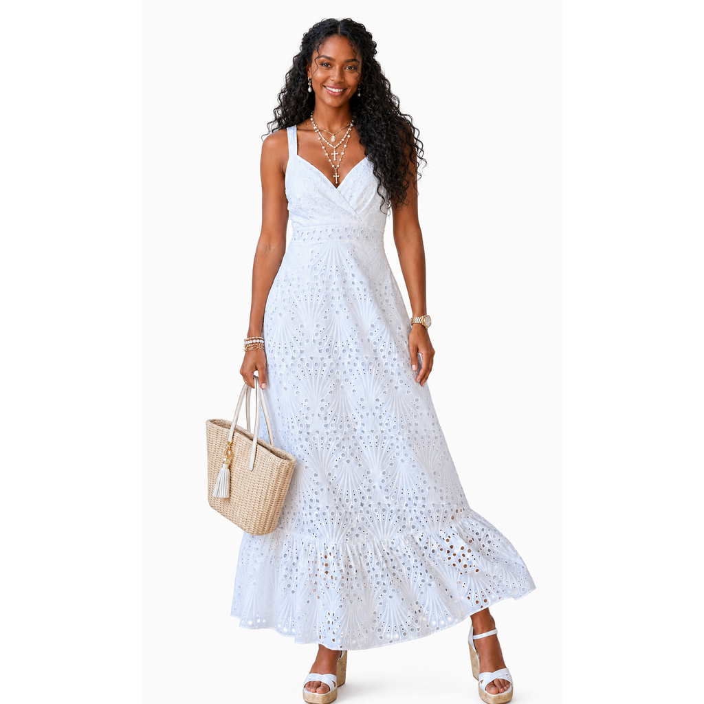 Boston Proper Women’s White Eyelet Ankle-Length Dress – Elegant Summer Maxi, Size 10.
