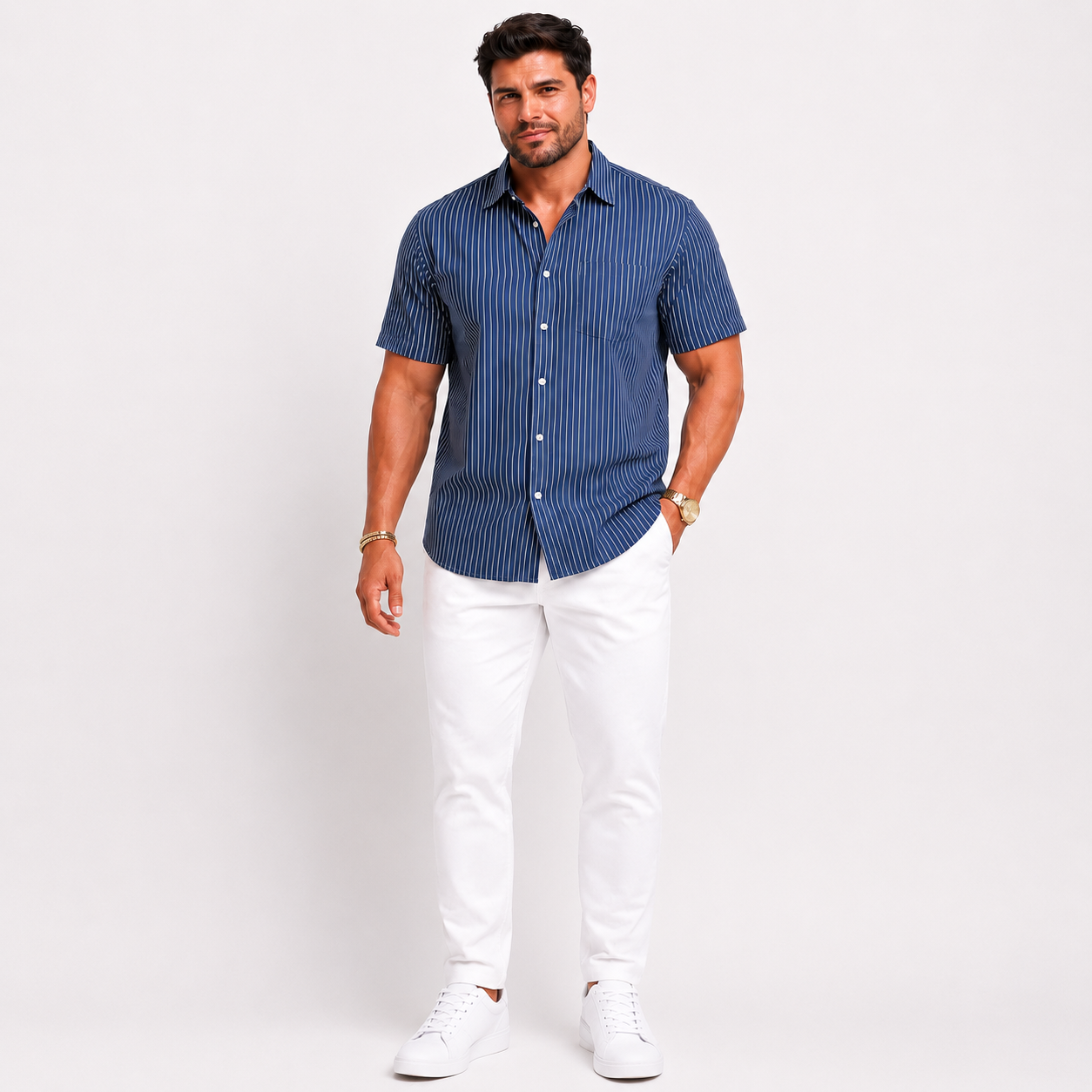 Old Navy Men’s Everyday Shirt XXXL Blue White Stripe Short Sleeve Button Front Regular Fit NWT