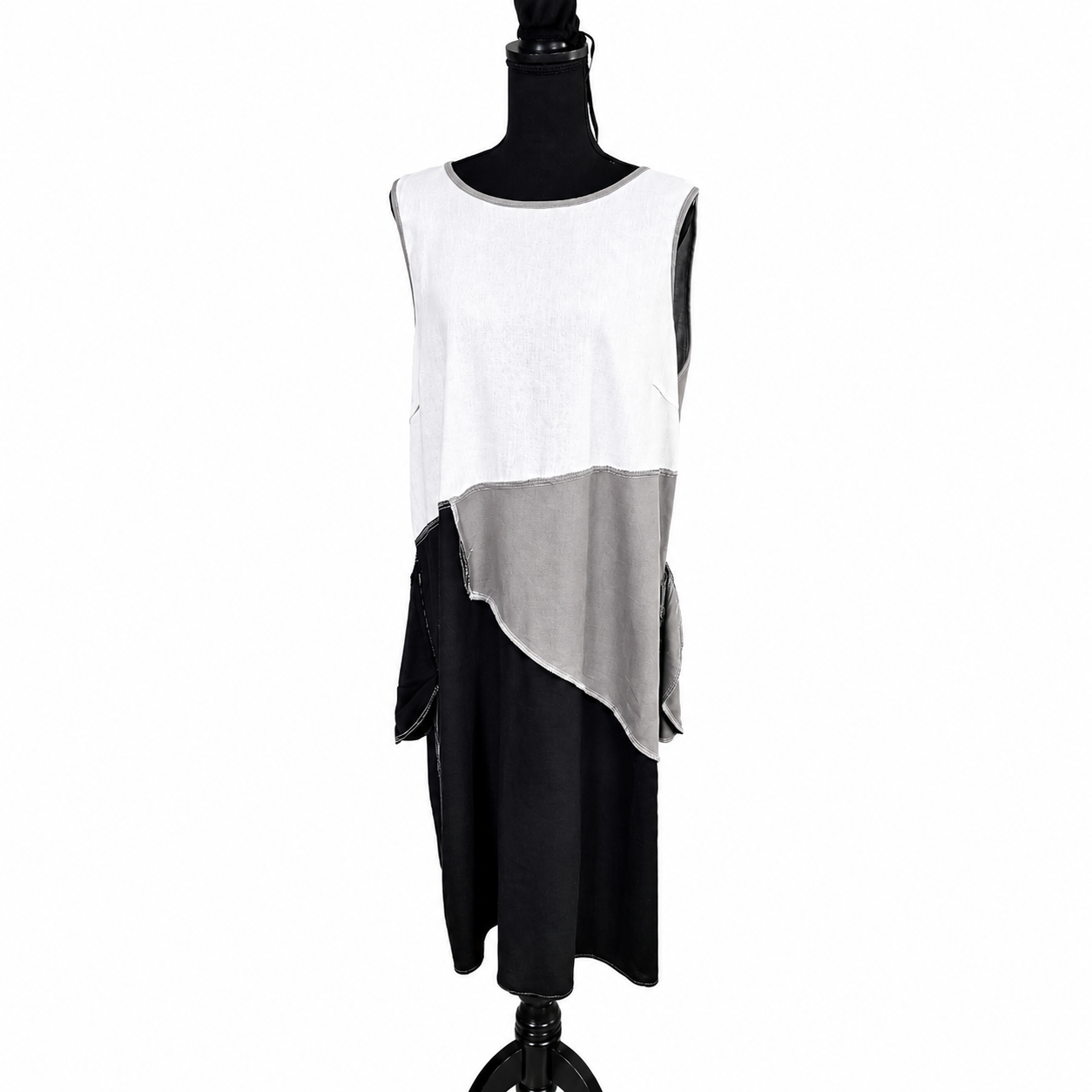 For Cynthia Womens Size XL, Colorblock Linen Blend Sleeveless Midi Dress Black White Gray NWT
