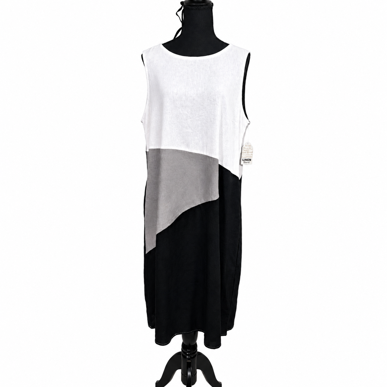 For Cynthia Womens Size XL, Colorblock Linen Blend Sleeveless Midi Dress Black White Gray NWT