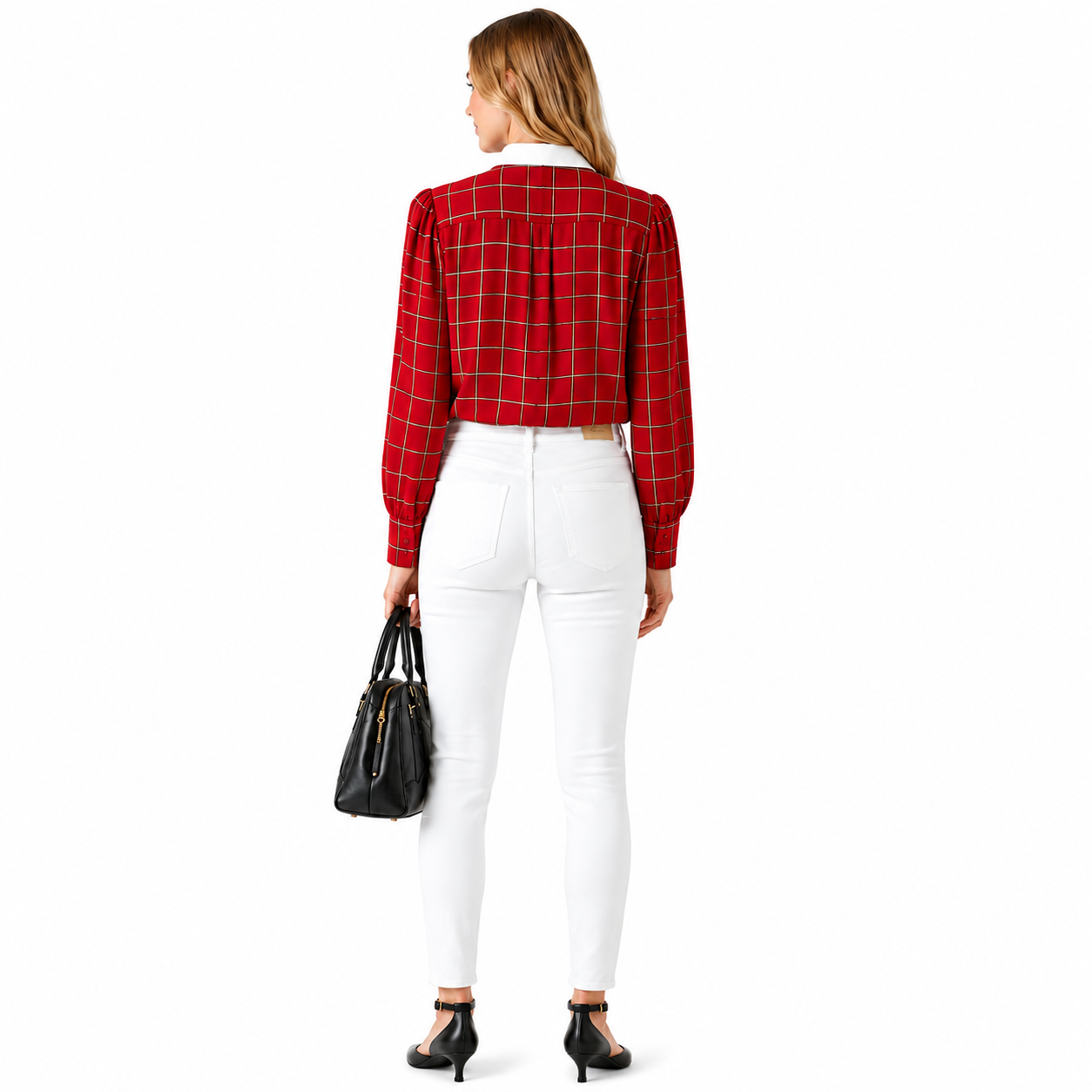 Vintage CHAUS Red Plaid Button-Up Blouse With White Collar – Women’s Size 14 (Fits Smaller Than Modern Size 14)