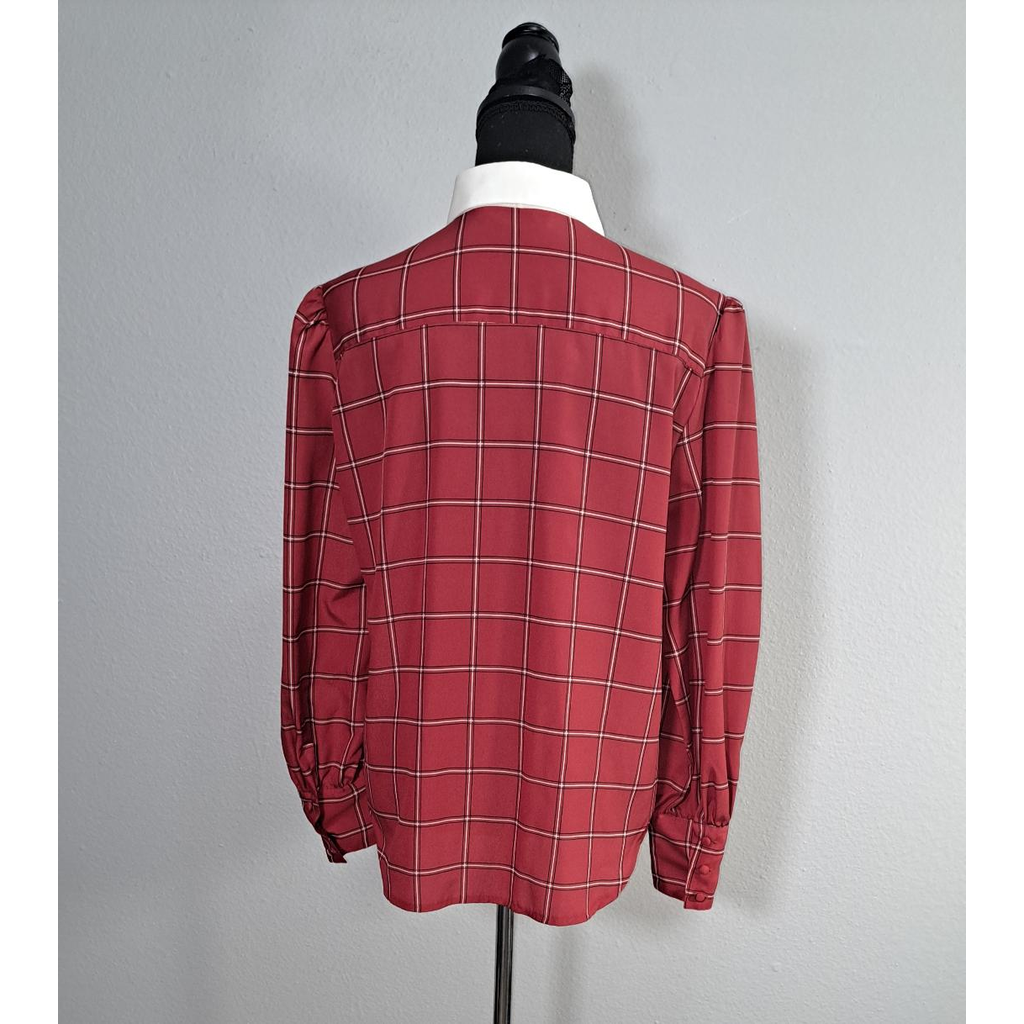 Vintage CHAUS Red Plaid Button-Up Blouse With White Collar – Women’s Size 14 (Fits Smaller Than Modern Size 14)