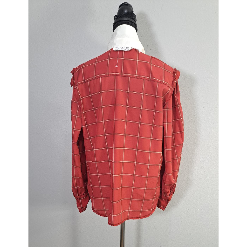 Vintage CHAUS Red Plaid Button-Up Blouse With White Collar – Women’s Size 14 (Fits Smaller Than Modern Size 14)