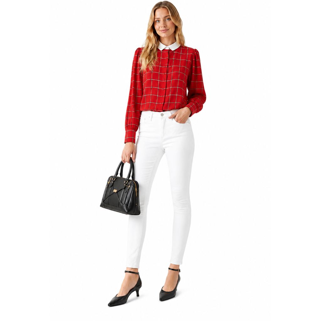 Vintage CHAUS Red Plaid Button-Up Blouse With White Collar – Women’s Size 14 (Fits Smaller Than Modern Size 14)