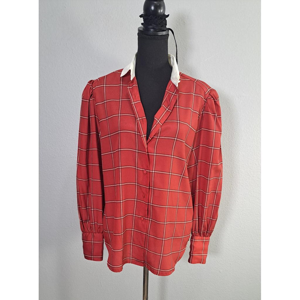 Vintage CHAUS Red Plaid Button-Up Blouse With White Collar – Women’s Size 14 (Fits Smaller Than Modern Size 14)
