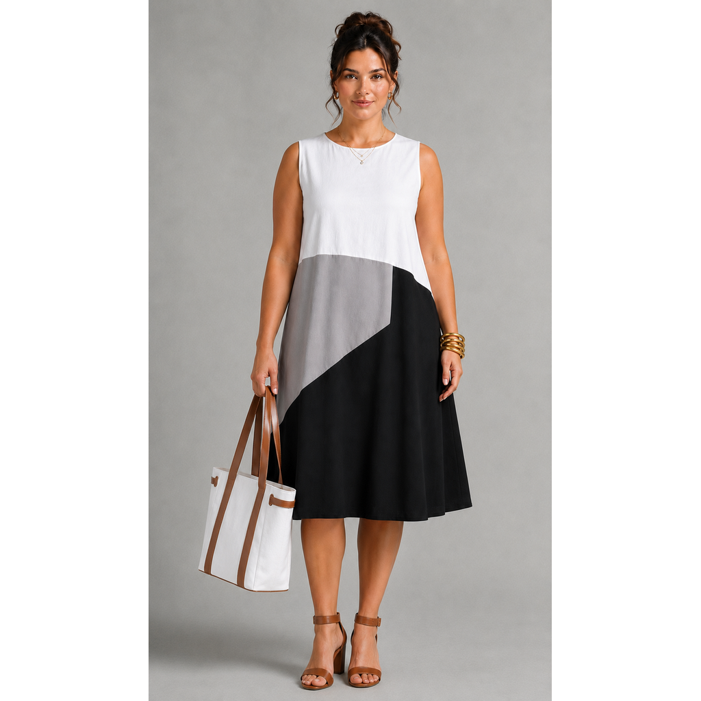 For Cynthia Womens Size XL, Colorblock Linen Blend Sleeveless Midi Dress Black White Gray NWT