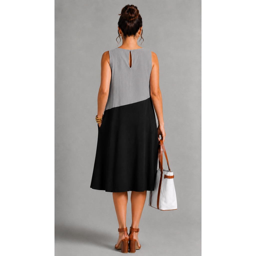 For Cynthia Womens Size XL, Colorblock Linen Blend Sleeveless Midi Dress Black White Gray NWT