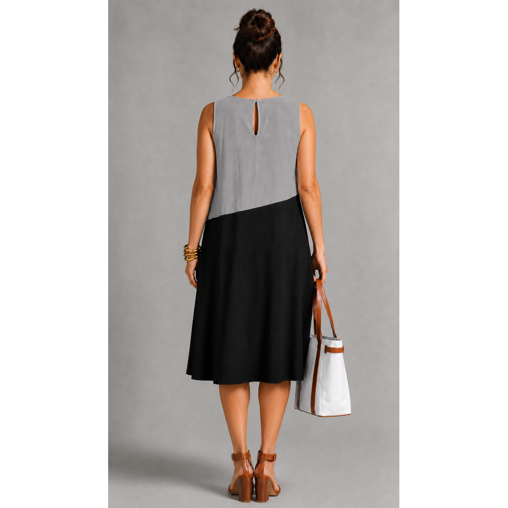 For Cynthia Womens Size XL, Colorblock Linen Blend Sleeveless Midi Dress Black White Gray NWT