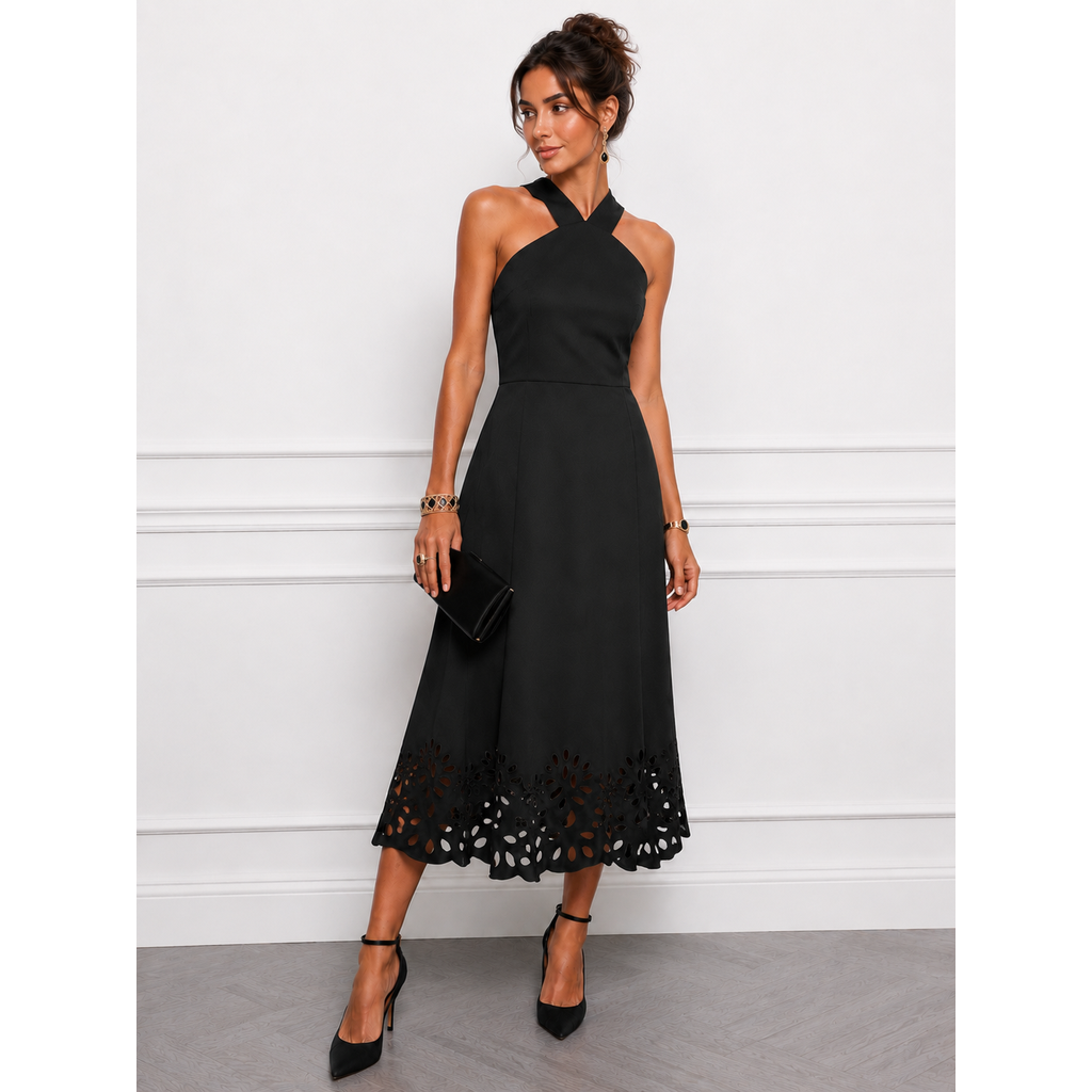 Boston Proper Beyond Travel High Neck Laser Cut Midi Dress – Black – Size Small – New With Tags