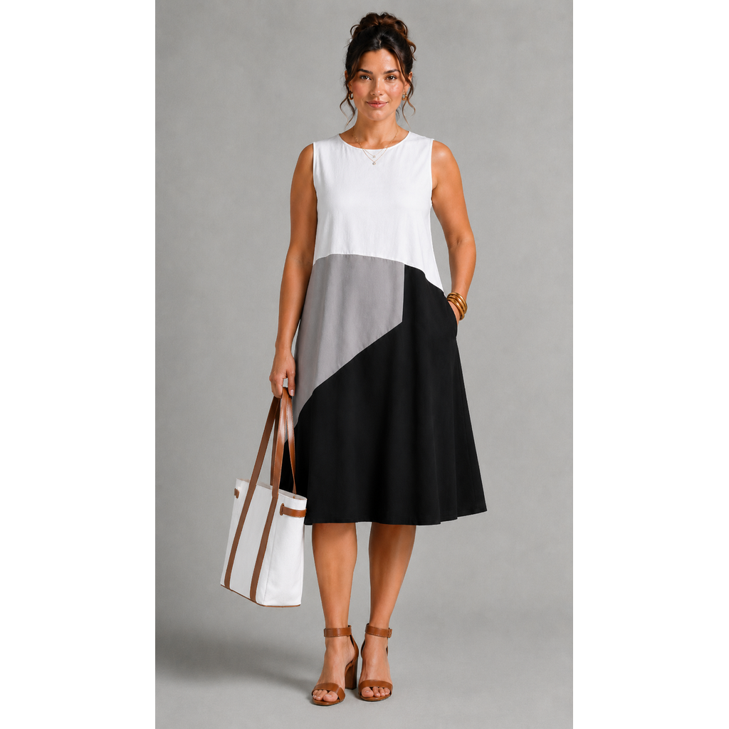 For Cynthia Womens Size XL, Colorblock Linen Blend Sleeveless Midi Dress Black White Gray NWT