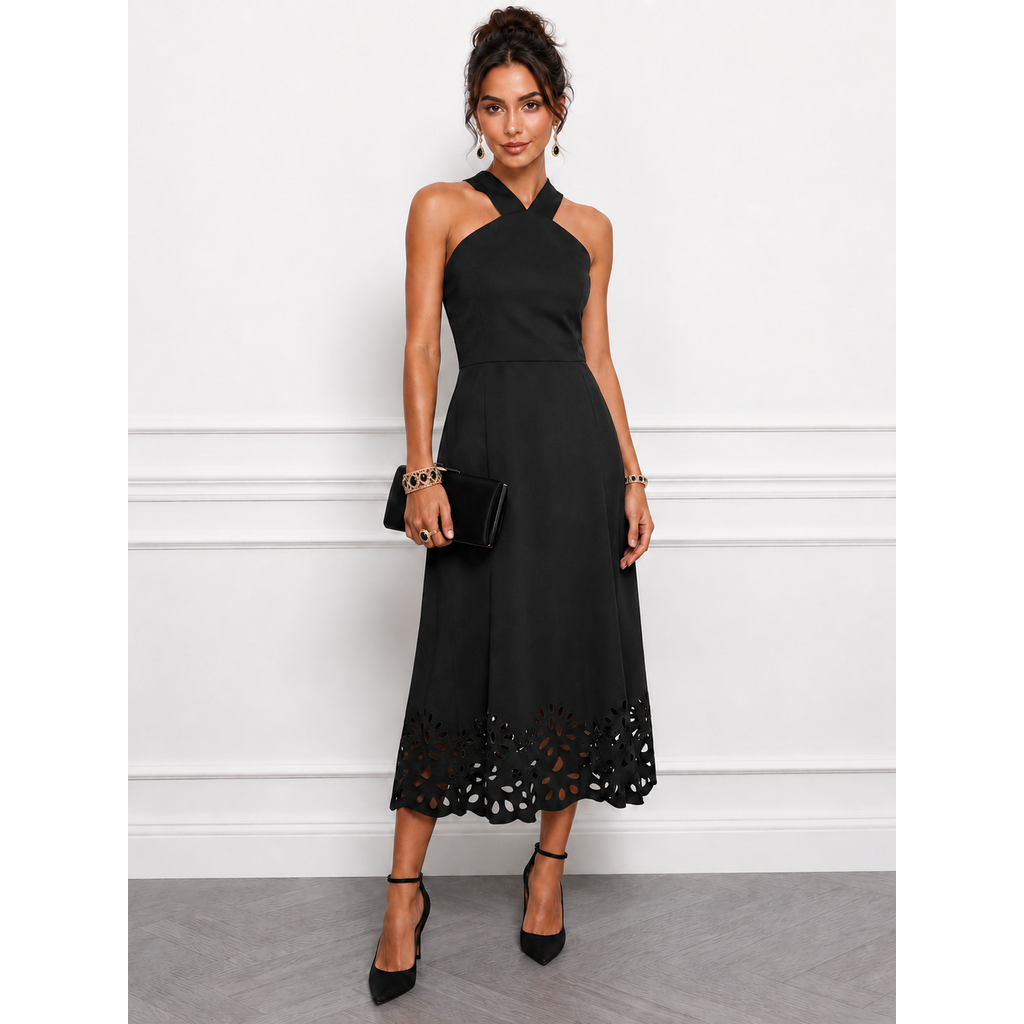 Boston Proper Beyond Travel High Neck Laser Cut Midi Dress – Black – Size Small – New With Tags