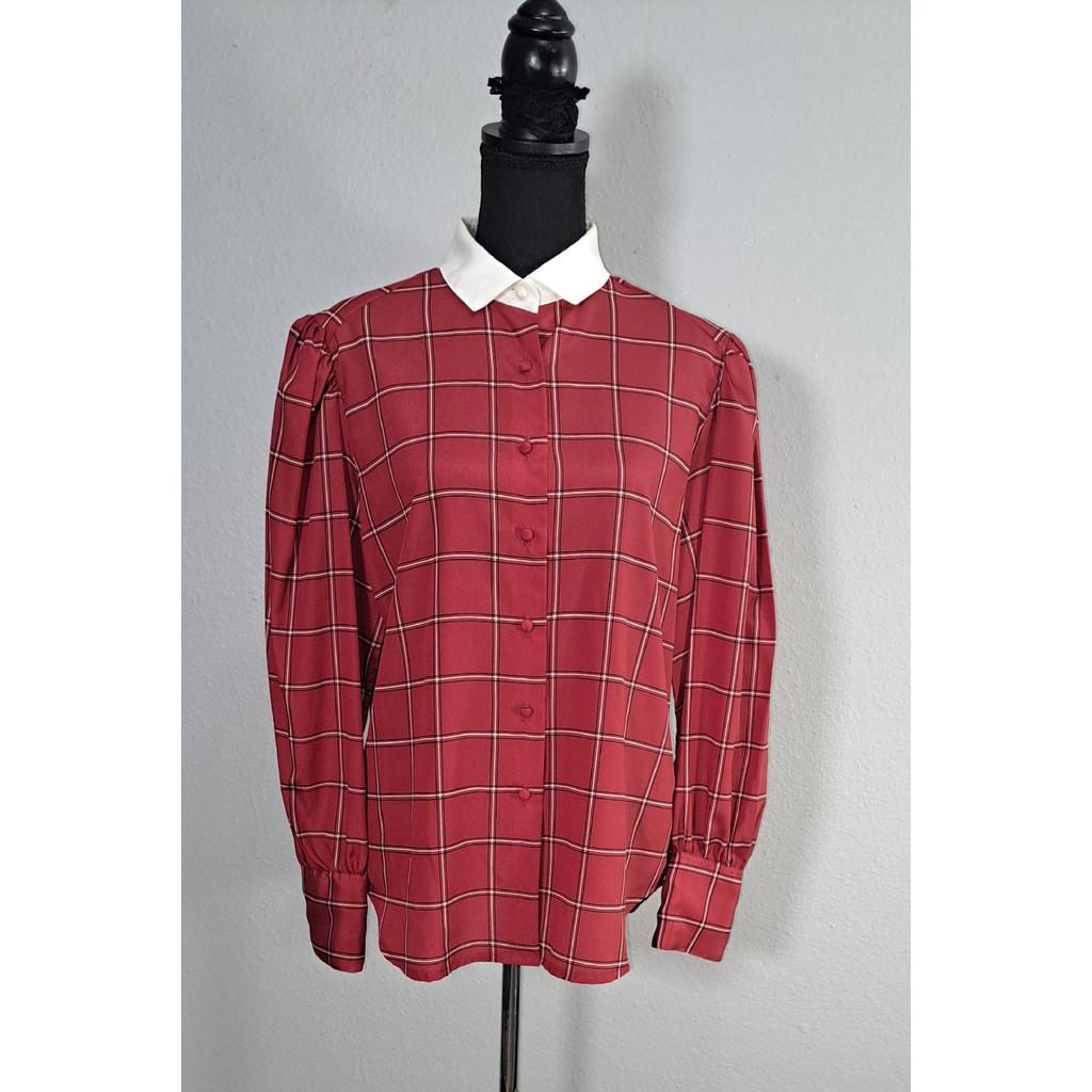 Vintage CHAUS Red Plaid Button-Up Blouse With White Collar – Women’s Size 14 (Fits Smaller Than Modern Size 14)