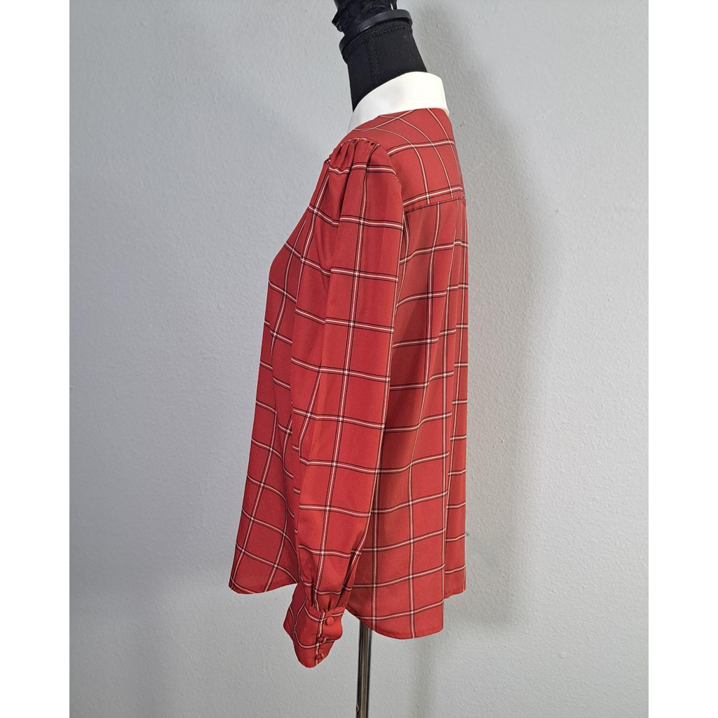 Vintage CHAUS Red Plaid Button-Up Blouse With White Collar – Women’s Size 14 (Fits Smaller Than Modern Size 14)