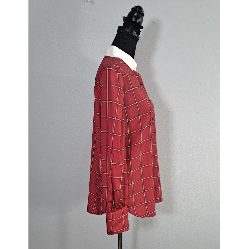 Vintage CHAUS Red Plaid Button-Up Blouse With White Collar – Women’s Size 14 (Fits Smaller Than Modern Size 14)