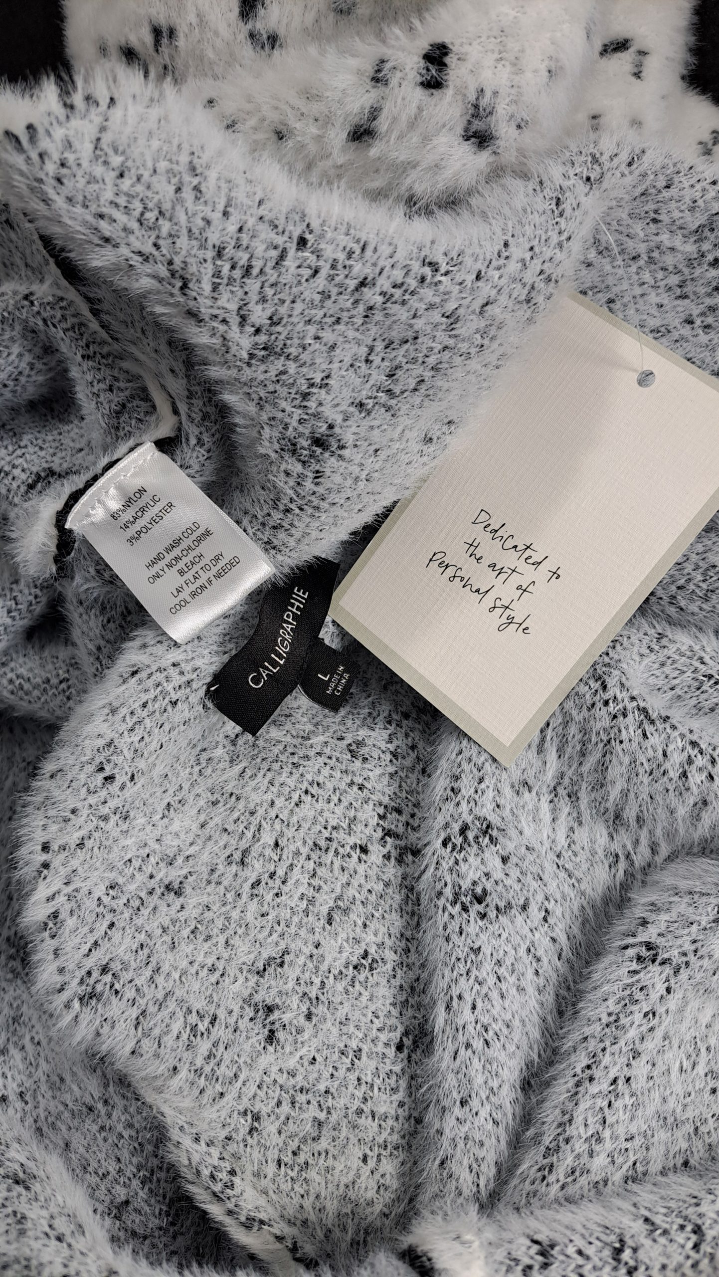 Calligraphie Soft Mock Turtleneck Sweater White Black Speckled Eyelash Knit 3/4 Sleeve, Size L.