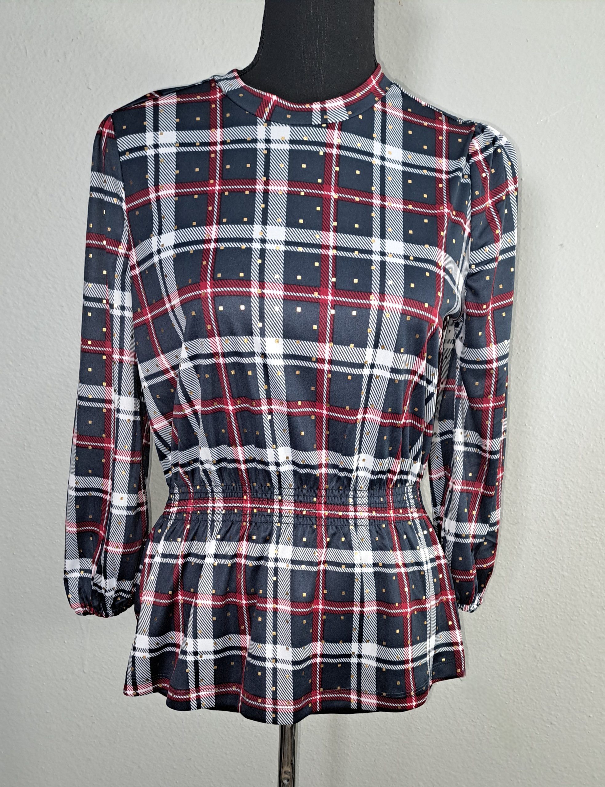 Alex & Parker Plaid Smocked Peplum Blouse Women's Small Navy Red White Long Sleeve NWT