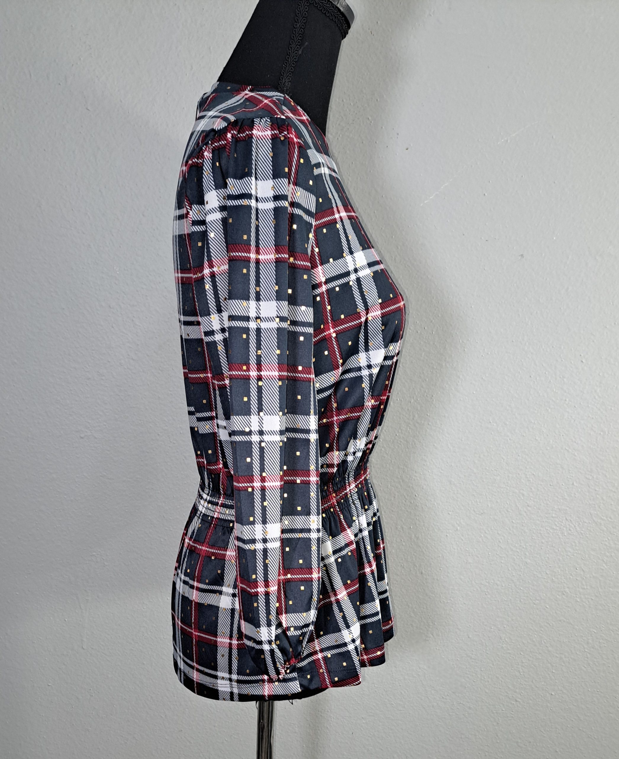 Alex & Parker Plaid Smocked Peplum Blouse Women's Small Navy Red White Long Sleeve NWT