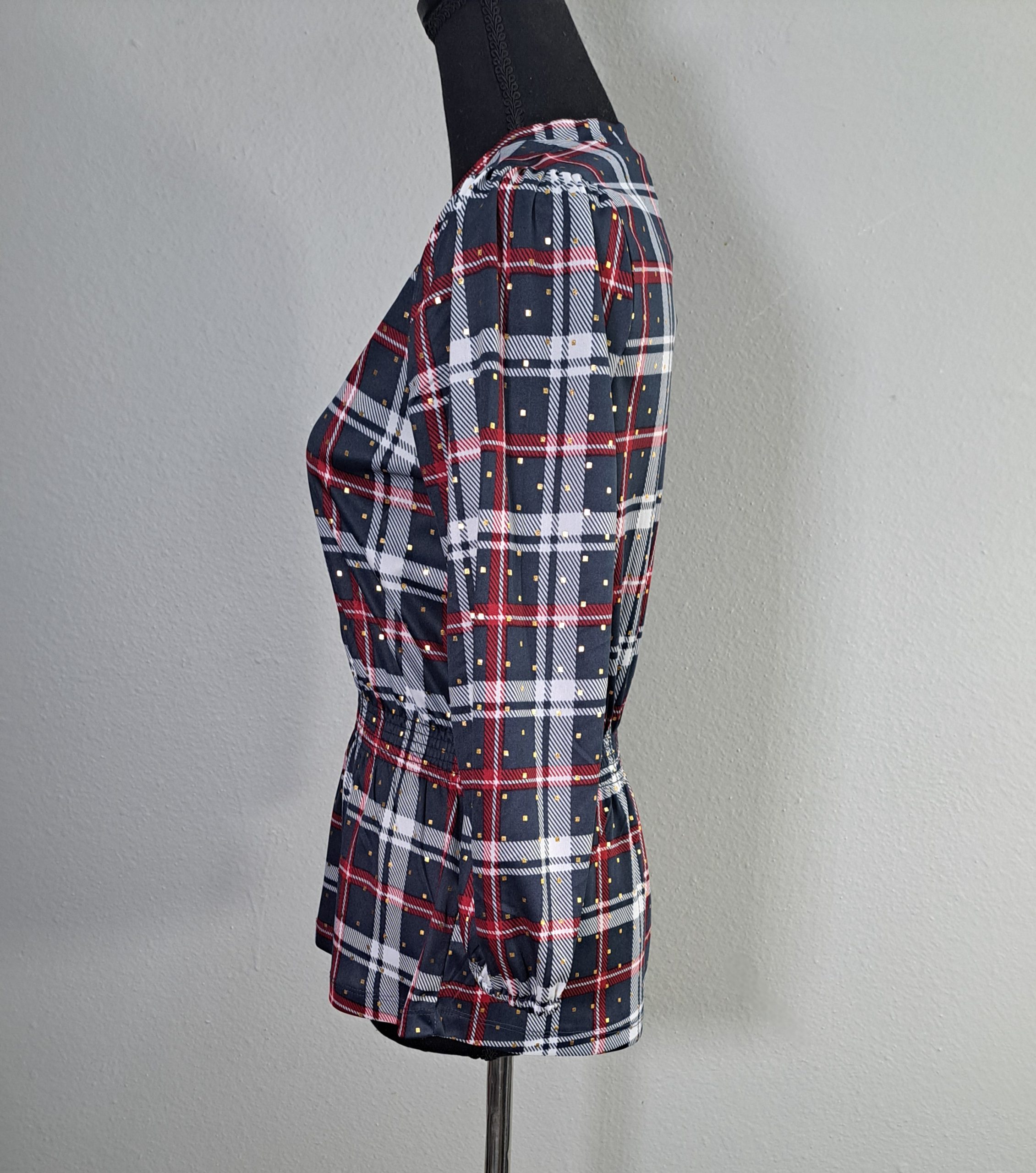 Alex & Parker Plaid Smocked Peplum Blouse Women's Small Navy Red White Long Sleeve NWT