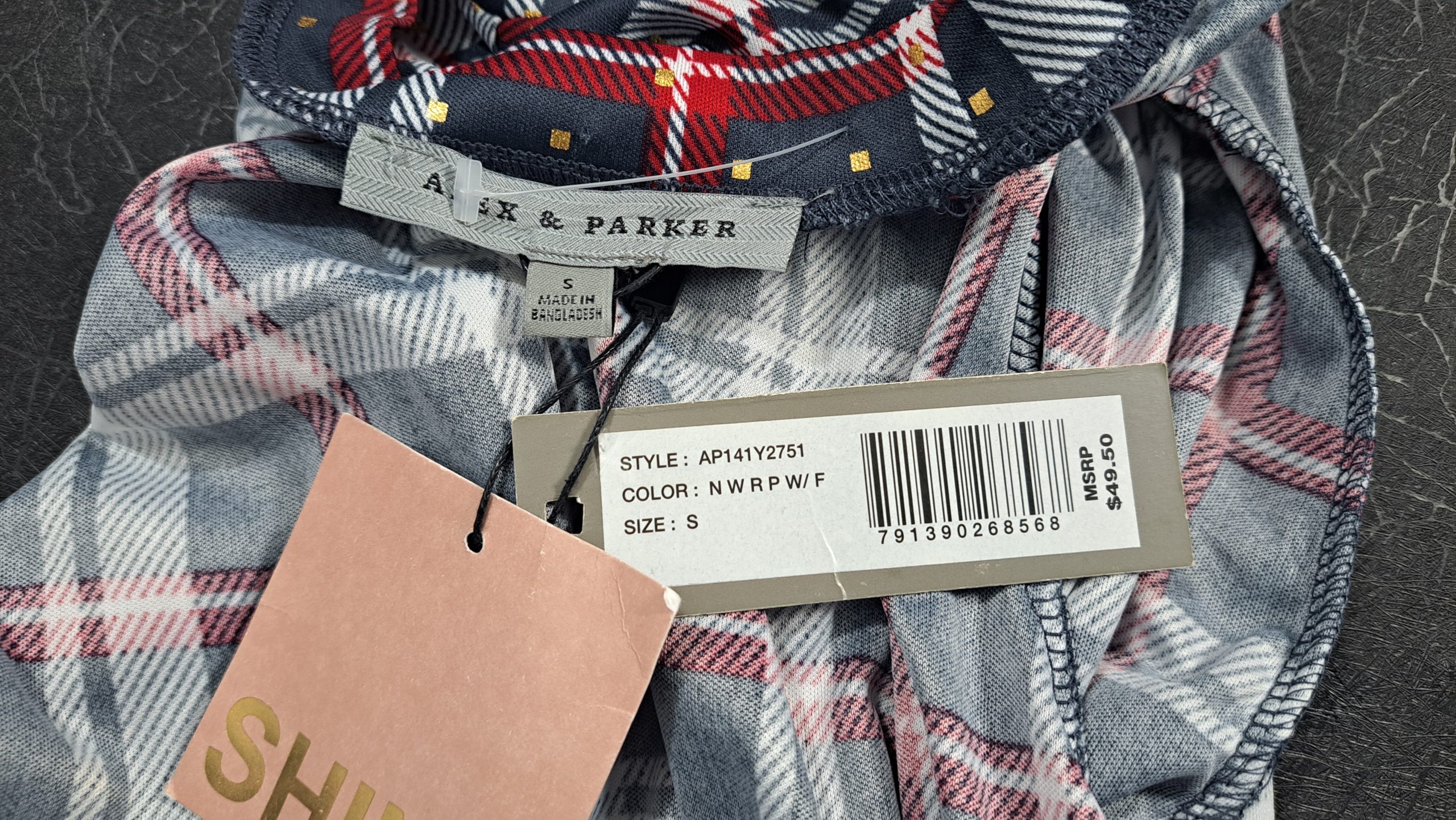 Alex & Parker Plaid Smocked Peplum Blouse Women's Small Navy Red White Long Sleeve NWT