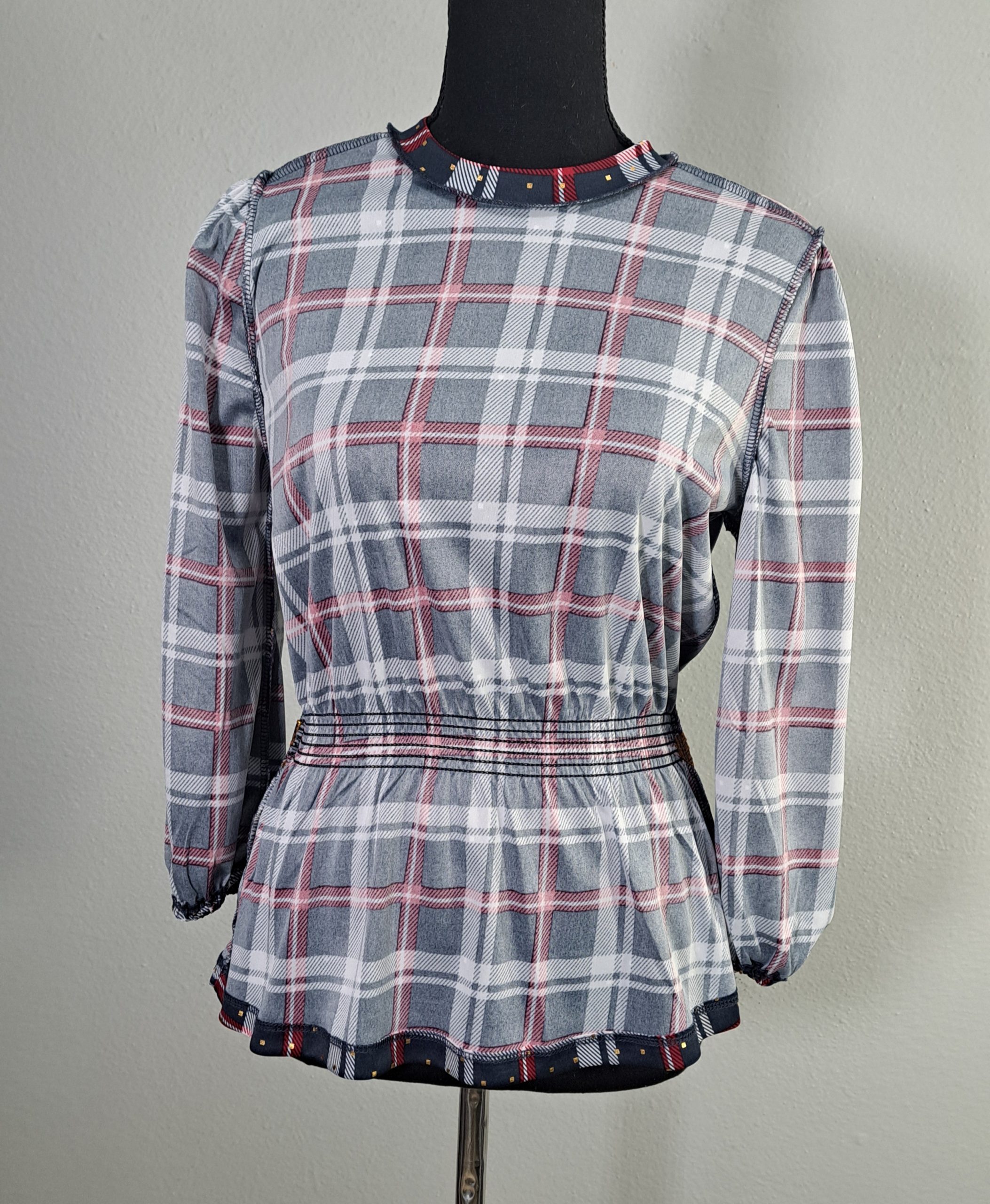 Alex & Parker Plaid Smocked Peplum Blouse Women's Small Navy Red White Long Sleeve NWT