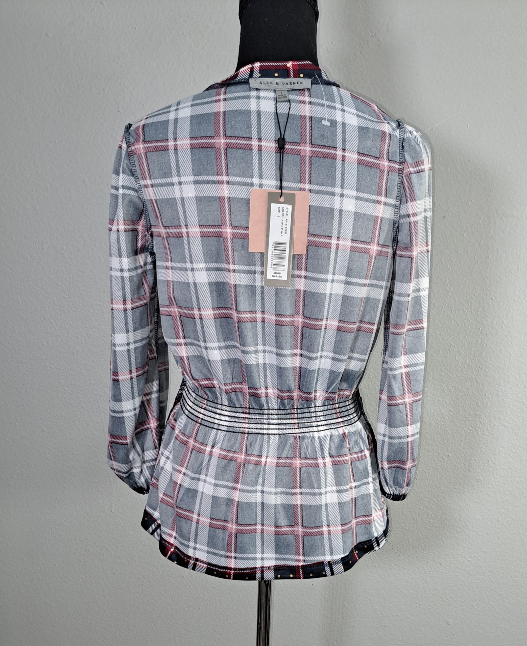 Alex & Parker Plaid Smocked Peplum Blouse Women's Small Navy Red White Long Sleeve NWT