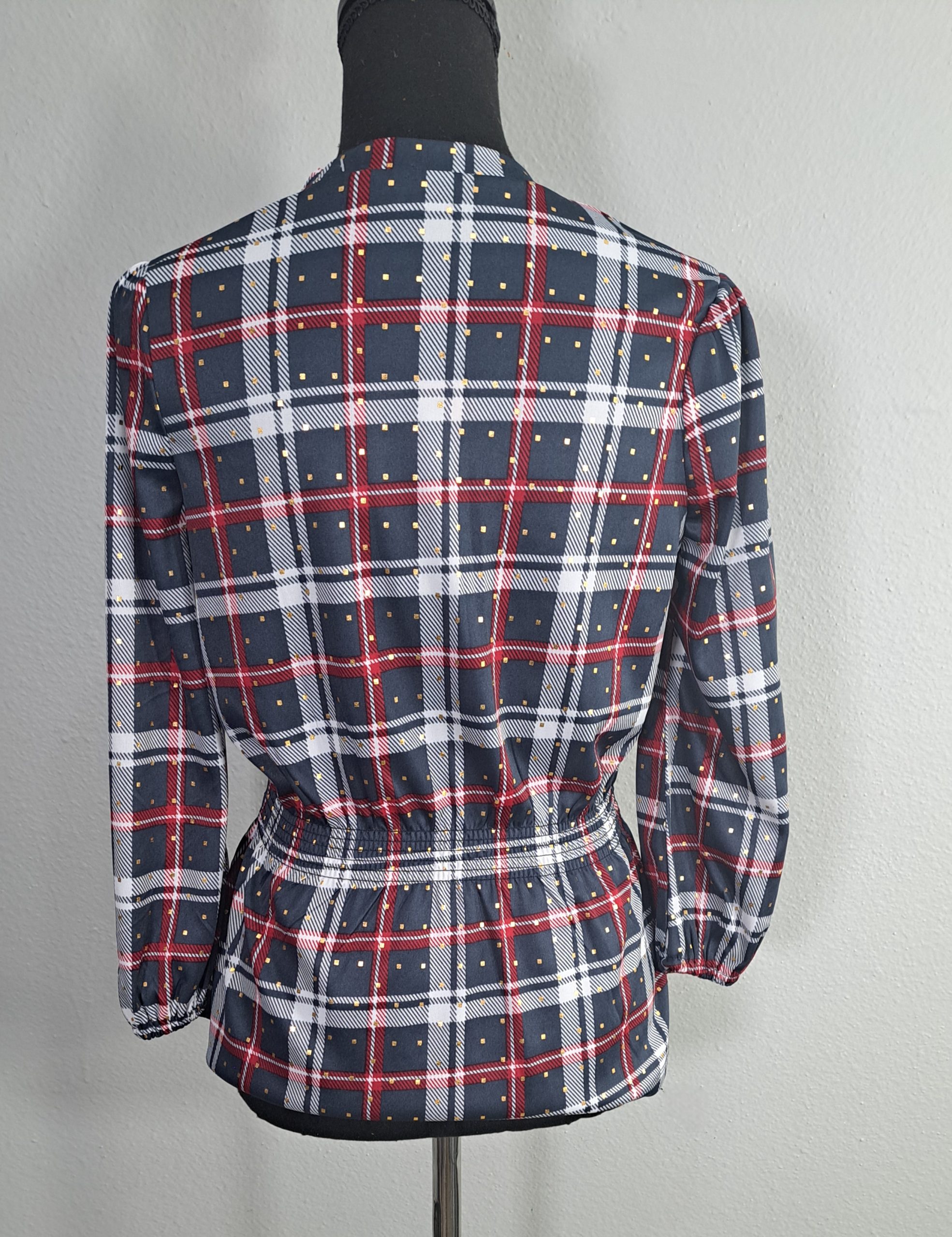 Alex & Parker Plaid Smocked Peplum Blouse Women's Small Navy Red White Long Sleeve NWT