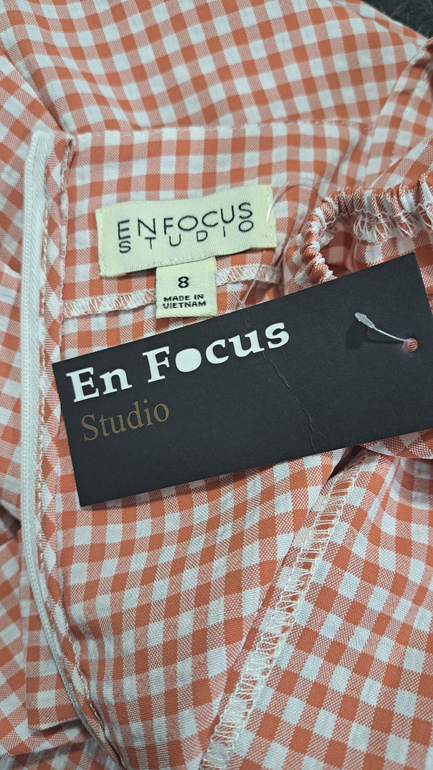 En Focus Studio Gingham Dress Size 8 Pink White Puff Sleeve Square Neck Belted NWT