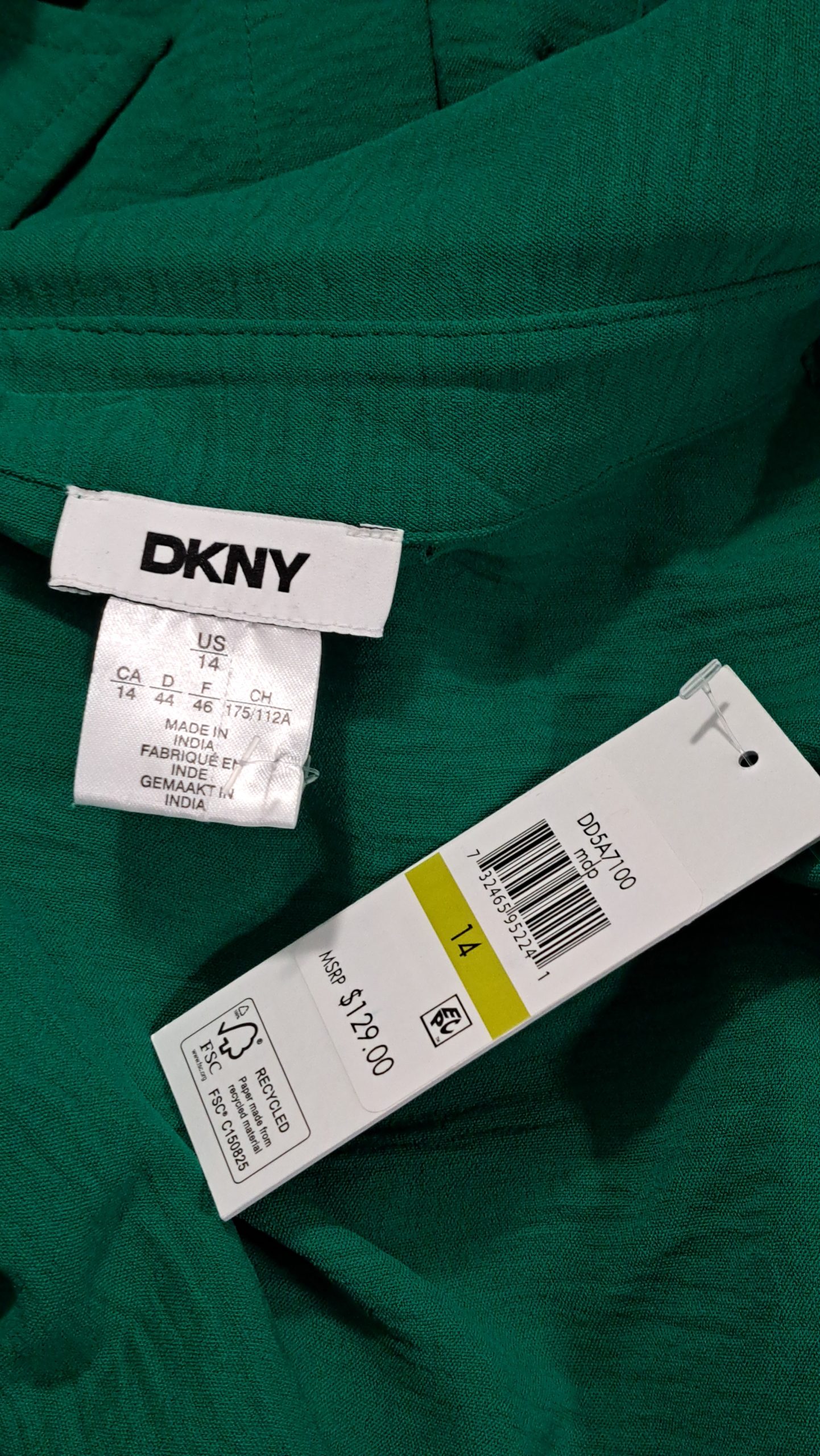DKNY Women's Green Button Front Shirt Dress Belted Long Sleeve Size 14 NWT