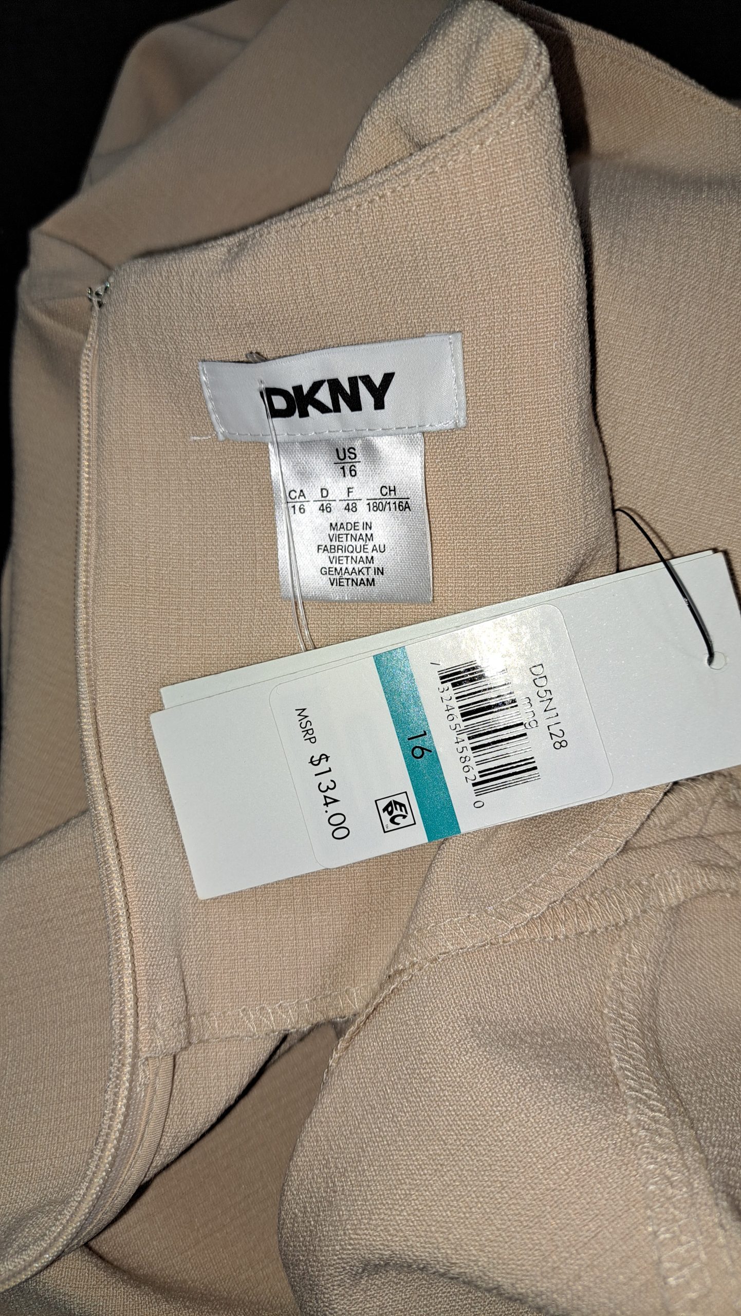 DKNY Women's Size 16 Blush Beige Sheath Dress Short Sleeve Zipper Pocket, NWT.