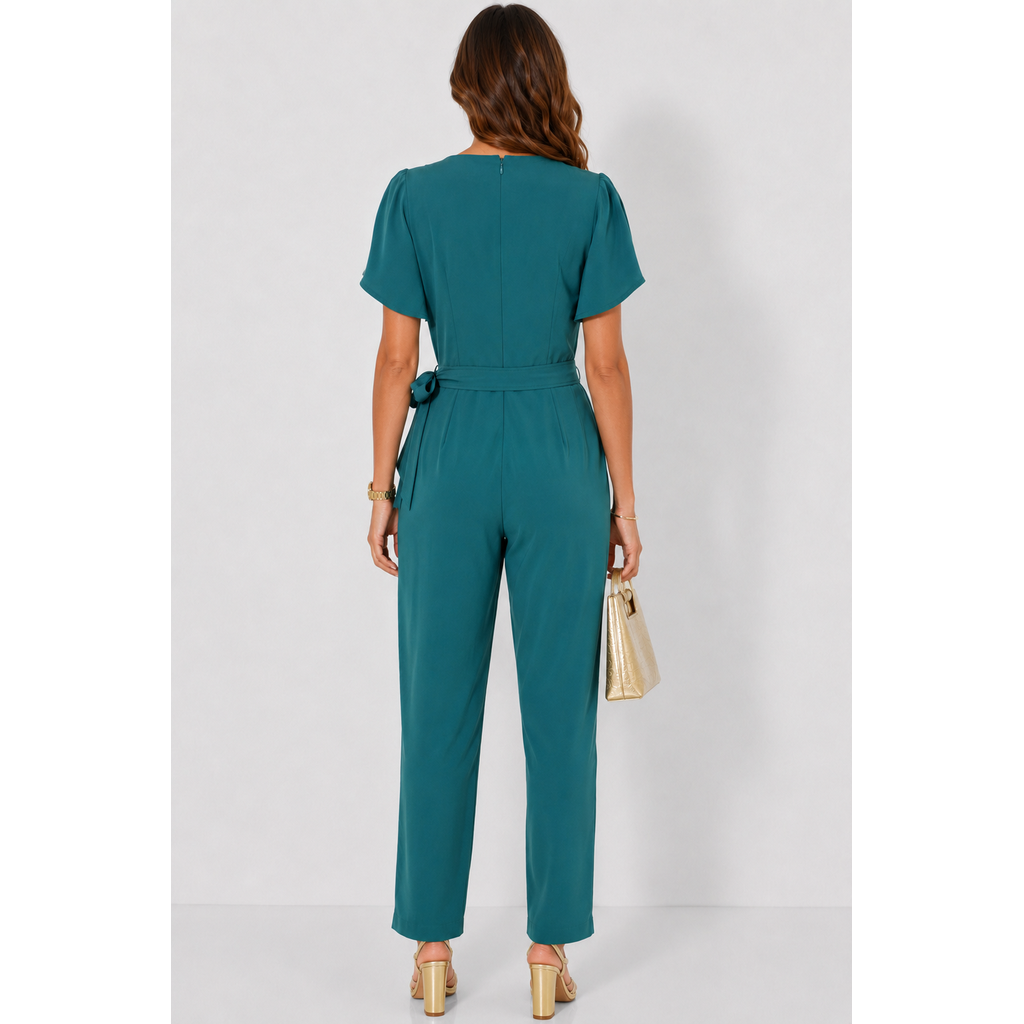 NEW Calvin Klein Emerald Green Flutter Sleeve Belted Straight Leg Jumpsuit Women's Size 10 NWT