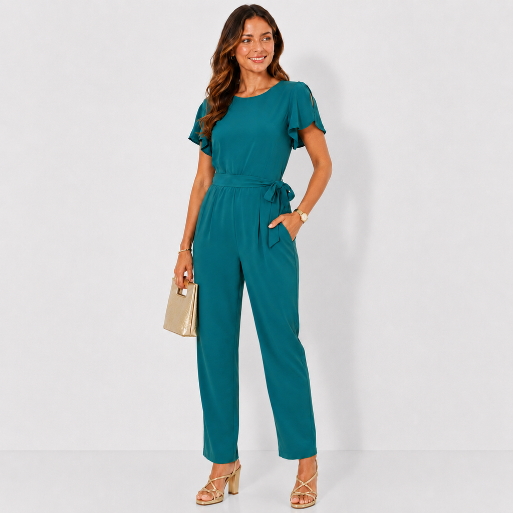 NEW Calvin Klein Emerald Green Flutter Sleeve Belted Straight Leg Jumpsuit Women's Size 10 NWT