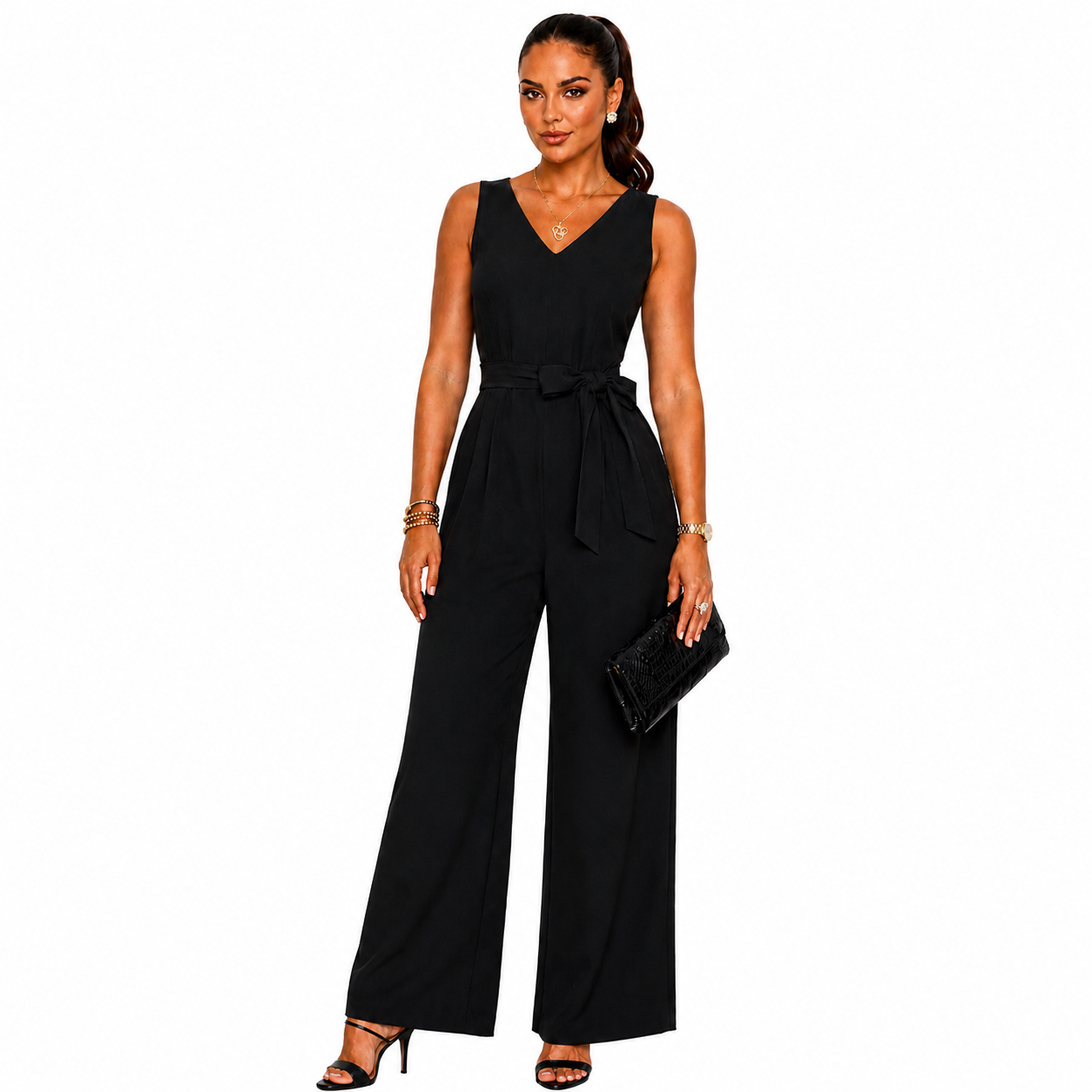 Calvin Klein Black Wide Leg Jumpsuit Size 16 NWT Sleeveless Tie Waist V-Neck.