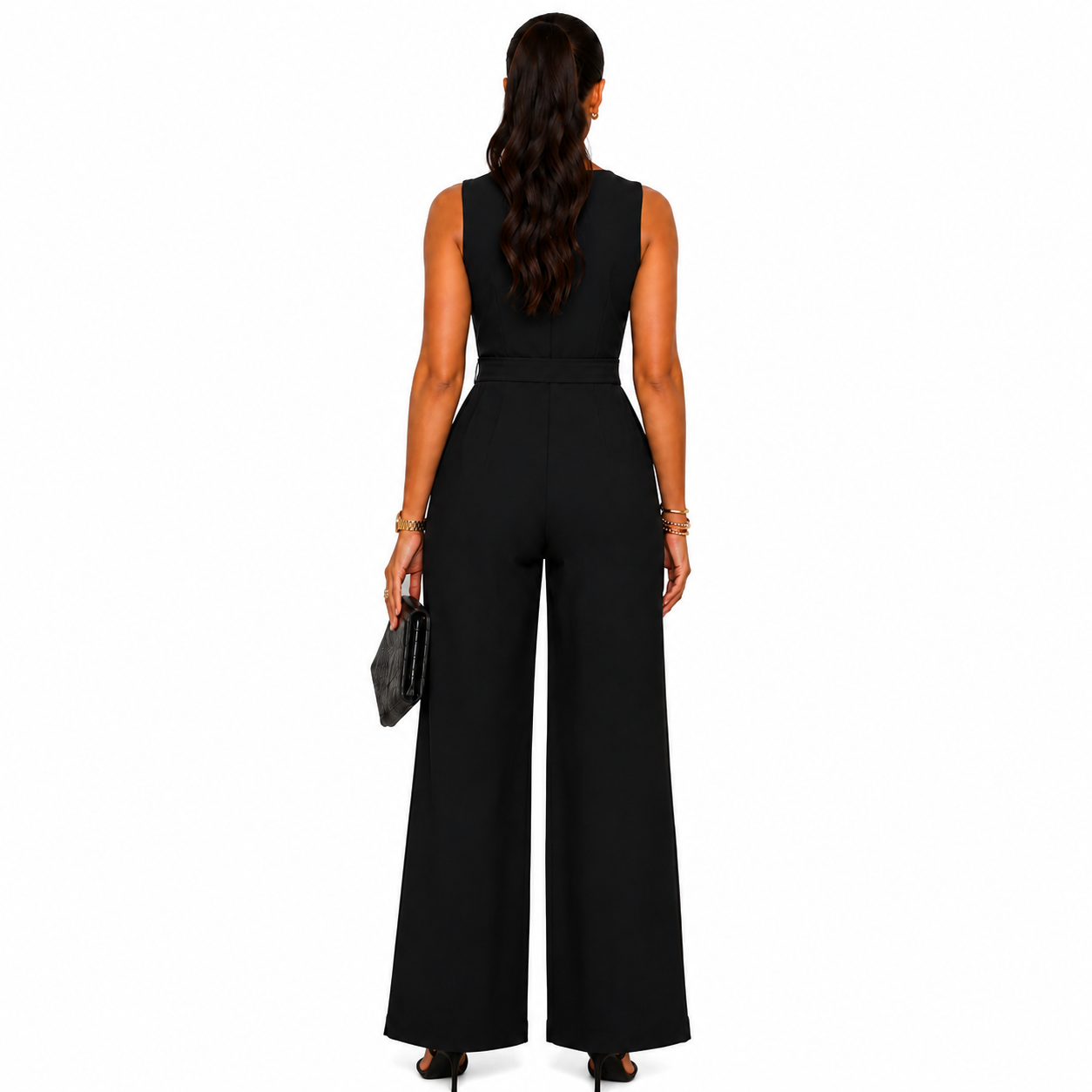 Calvin Klein Black Wide Leg Jumpsuit Size 16 NWT Sleeveless Tie Waist V-Neck.