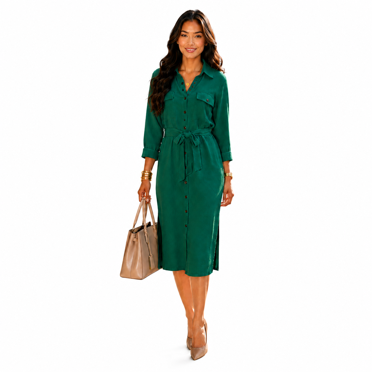 DKNY Women's Green Button Front Shirt Dress Belted Long Sleeve Size 14 NWT