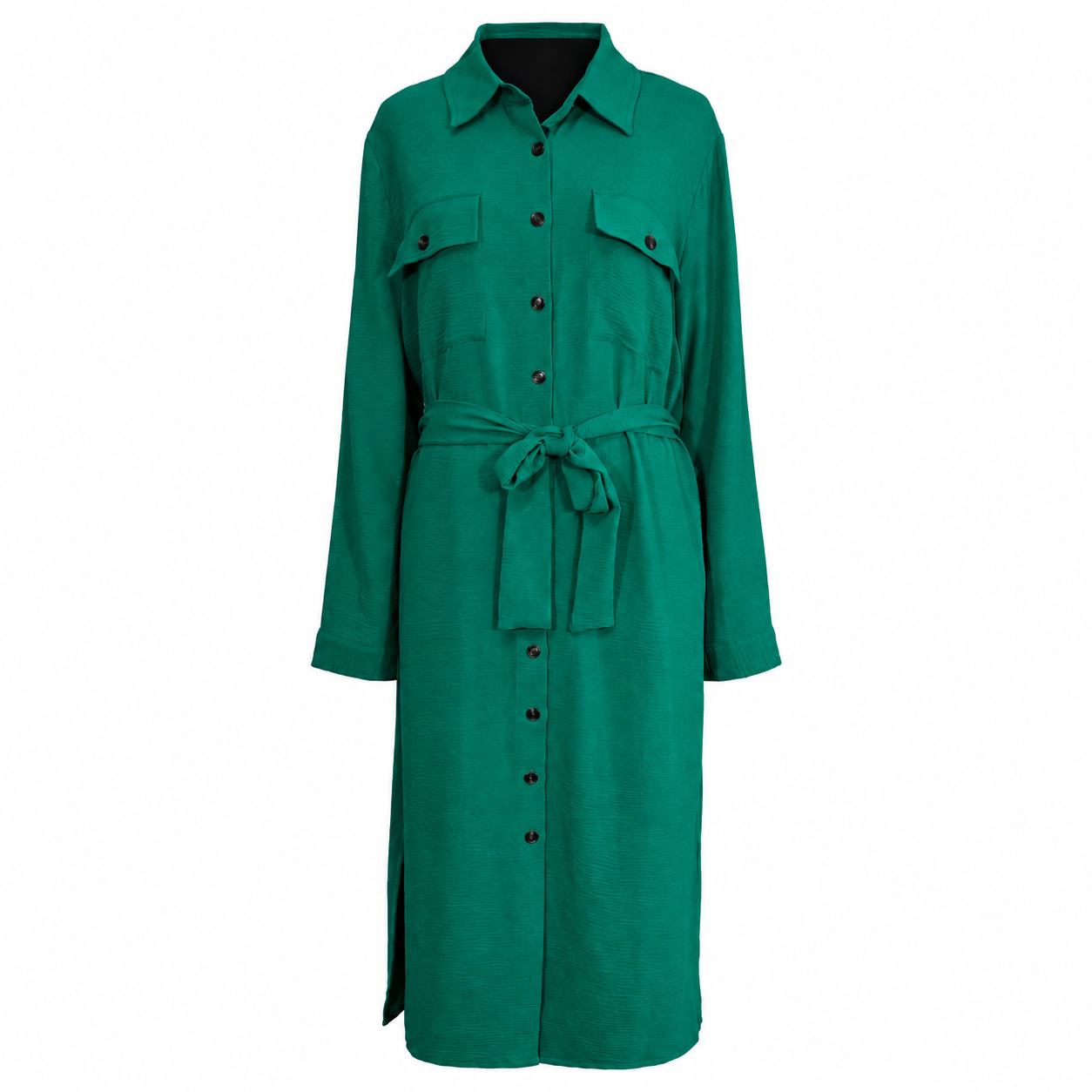 DKNY Women's Green Button Front Shirt Dress Belted Long Sleeve Size 14 NWT