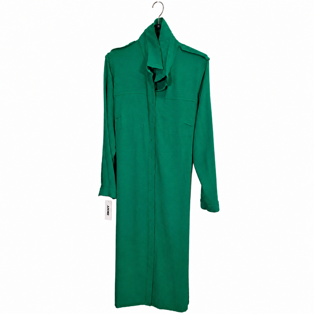 DKNY Women's Green Button Front Shirt Dress Belted Long Sleeve Size 14 NWT