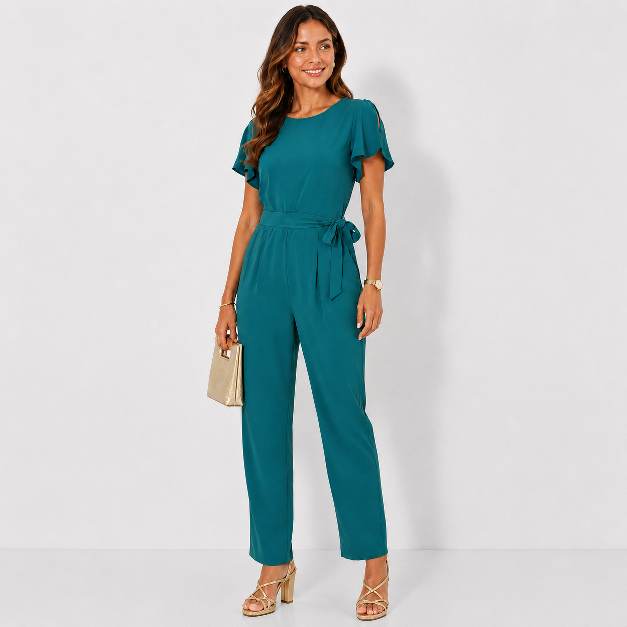 NEW Calvin Klein Emerald Green Flutter Sleeve Belted Straight Leg Jumpsuit Women's Size 10 NWT