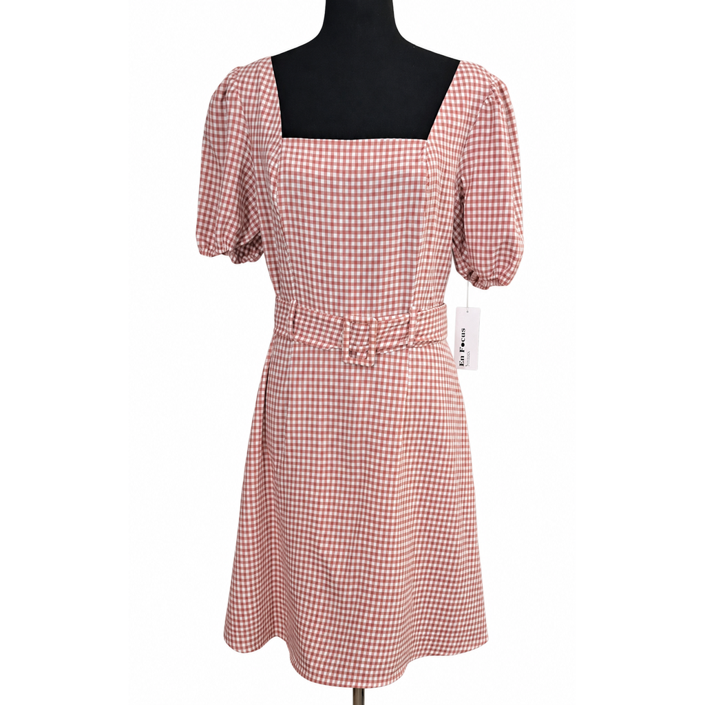 En Focus Studio Gingham Dress Size 8 Pink White Puff Sleeve Square Neck Belted NWT