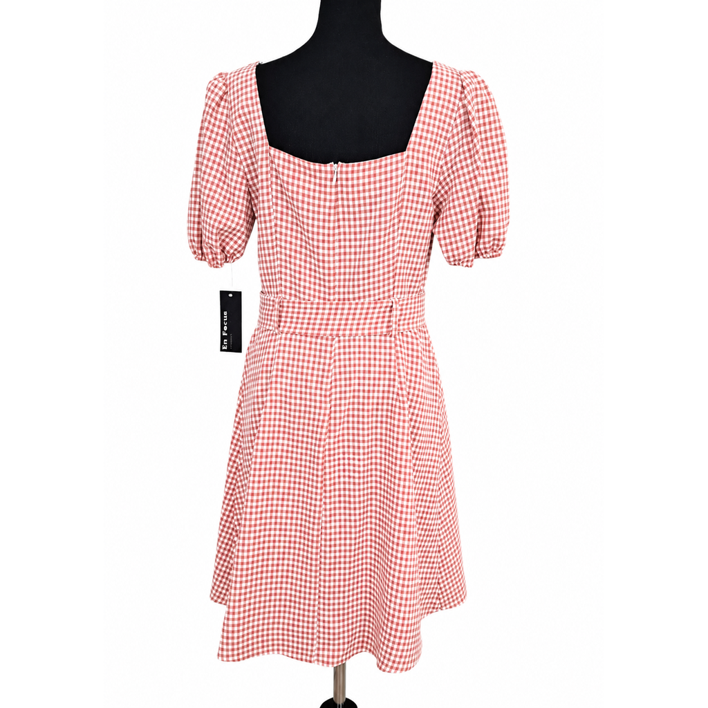 En Focus Studio Gingham Dress Size 8 Pink White Puff Sleeve Square Neck Belted NWT