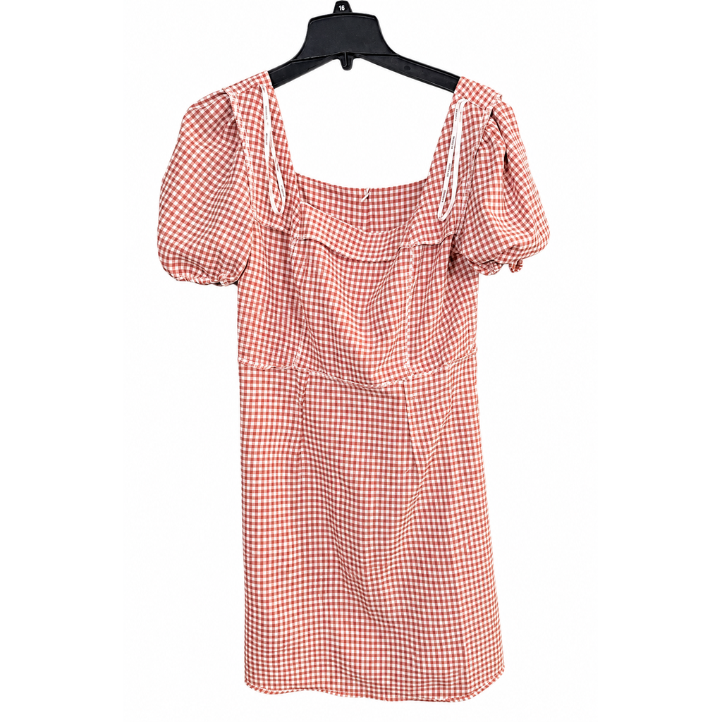 En Focus Studio Gingham Dress Size 8 Pink White Puff Sleeve Square Neck Belted NWT