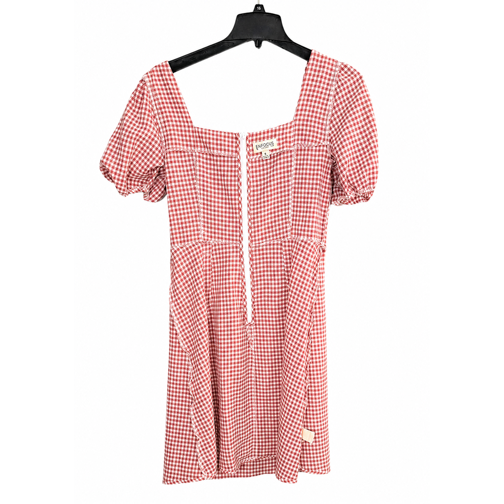 En Focus Studio Gingham Dress Size 8 Pink White Puff Sleeve Square Neck Belted NWT