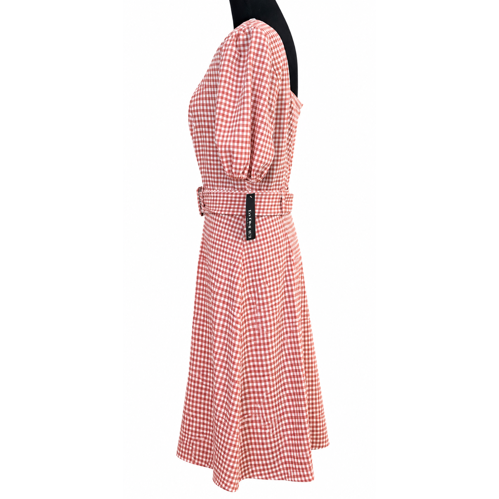 En Focus Studio Gingham Dress Size 8 Pink White Puff Sleeve Square Neck Belted NWT