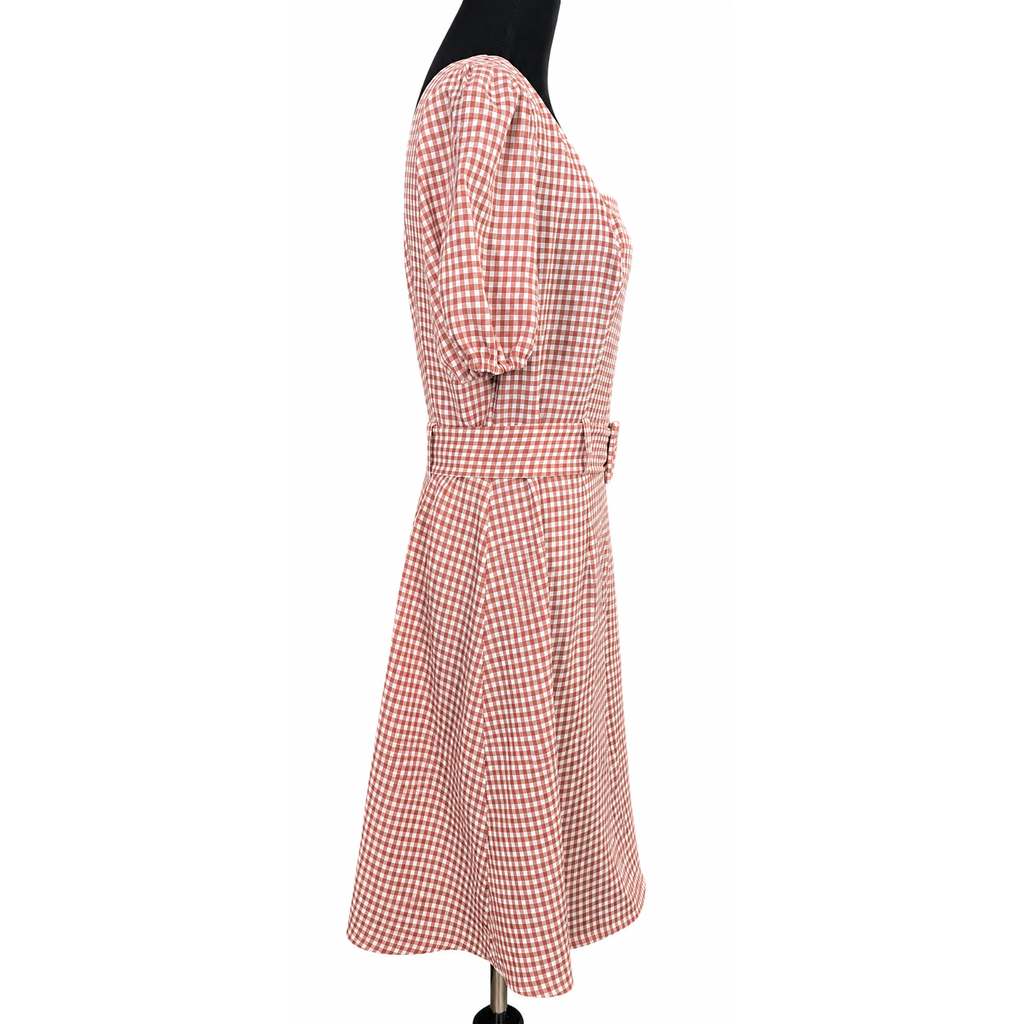 En Focus Studio Gingham Dress Size 8 Pink White Puff Sleeve Square Neck Belted NWT