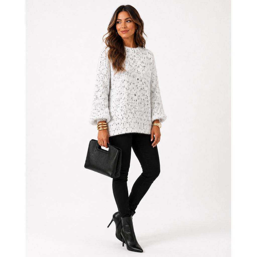 Calligraphie Soft Mock Turtleneck Sweater White Black Speckled Eyelash Knit 3/4 Sleeve, Size L.