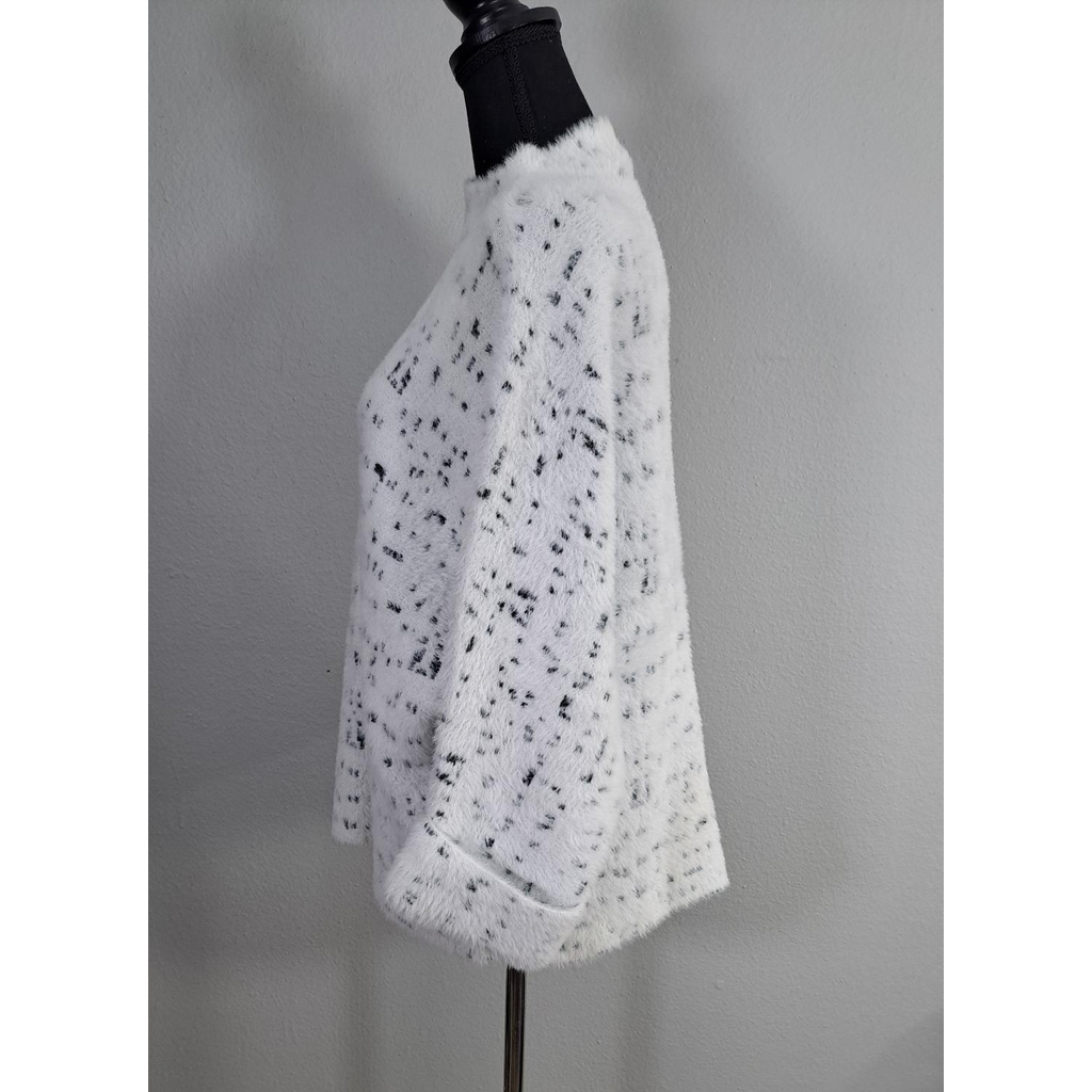 Calligraphie Soft Mock Turtleneck Sweater White Black Speckled Eyelash Knit 3/4 Sleeve, Size L.