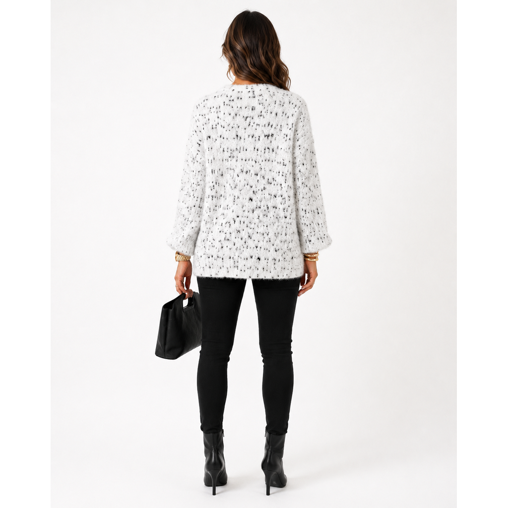 Calligraphie Soft Mock Turtleneck Sweater White Black Speckled Eyelash Knit 3/4 Sleeve, Size L.