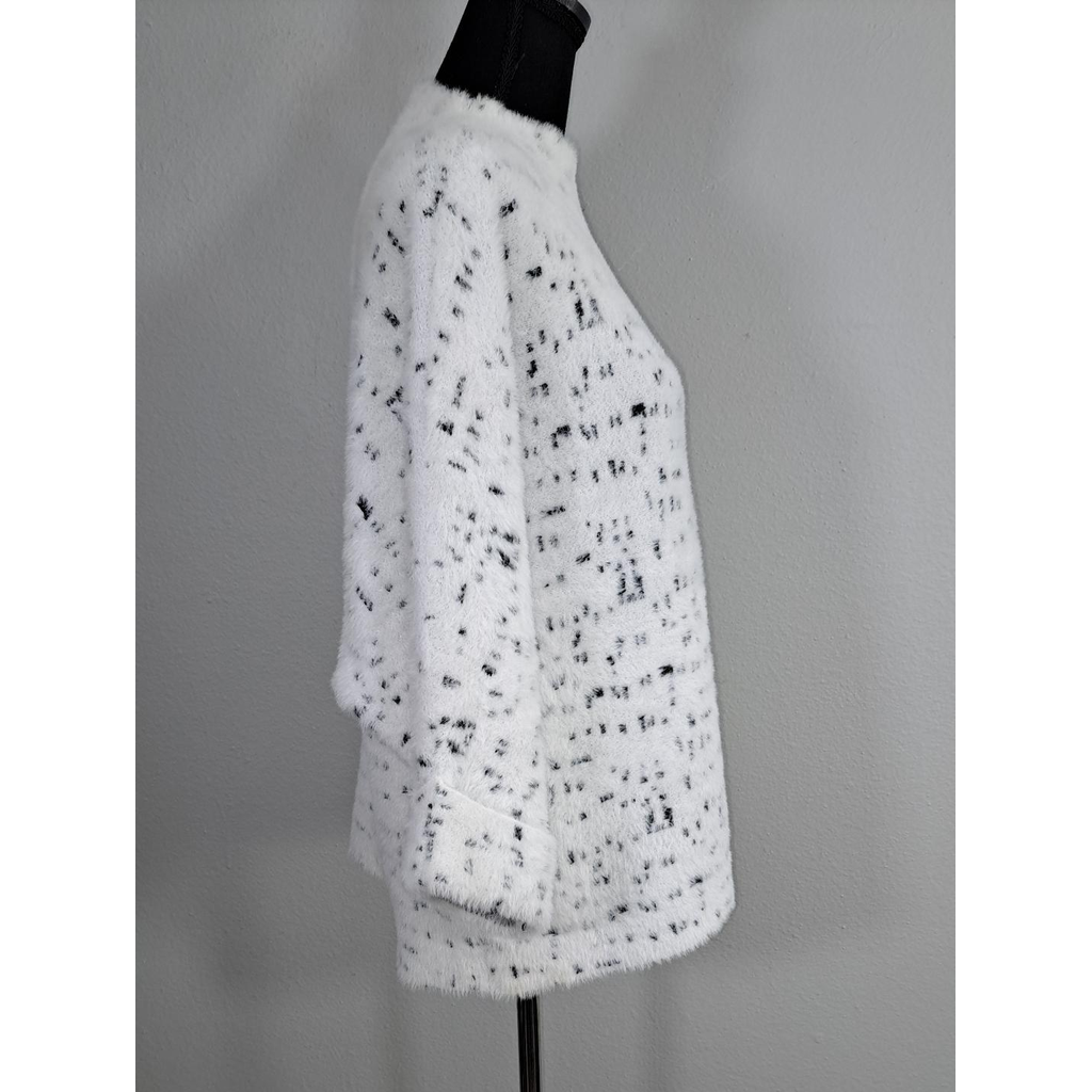 Calligraphie Soft Mock Turtleneck Sweater White Black Speckled Eyelash Knit 3/4 Sleeve, Size L.