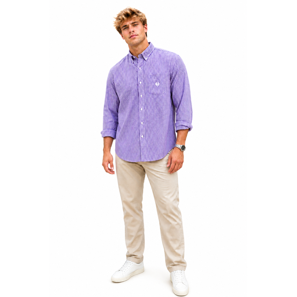 Chaps Men's XXL Tall Purple White Gingham Check Stretch Easy Care Button Down Shirt