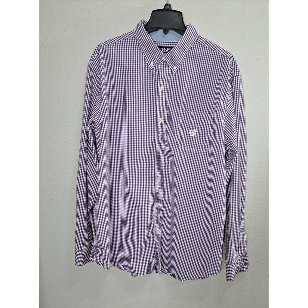 Chaps Men's XXL Tall Purple White Gingham Check Stretch Easy Care Button Down Shirt